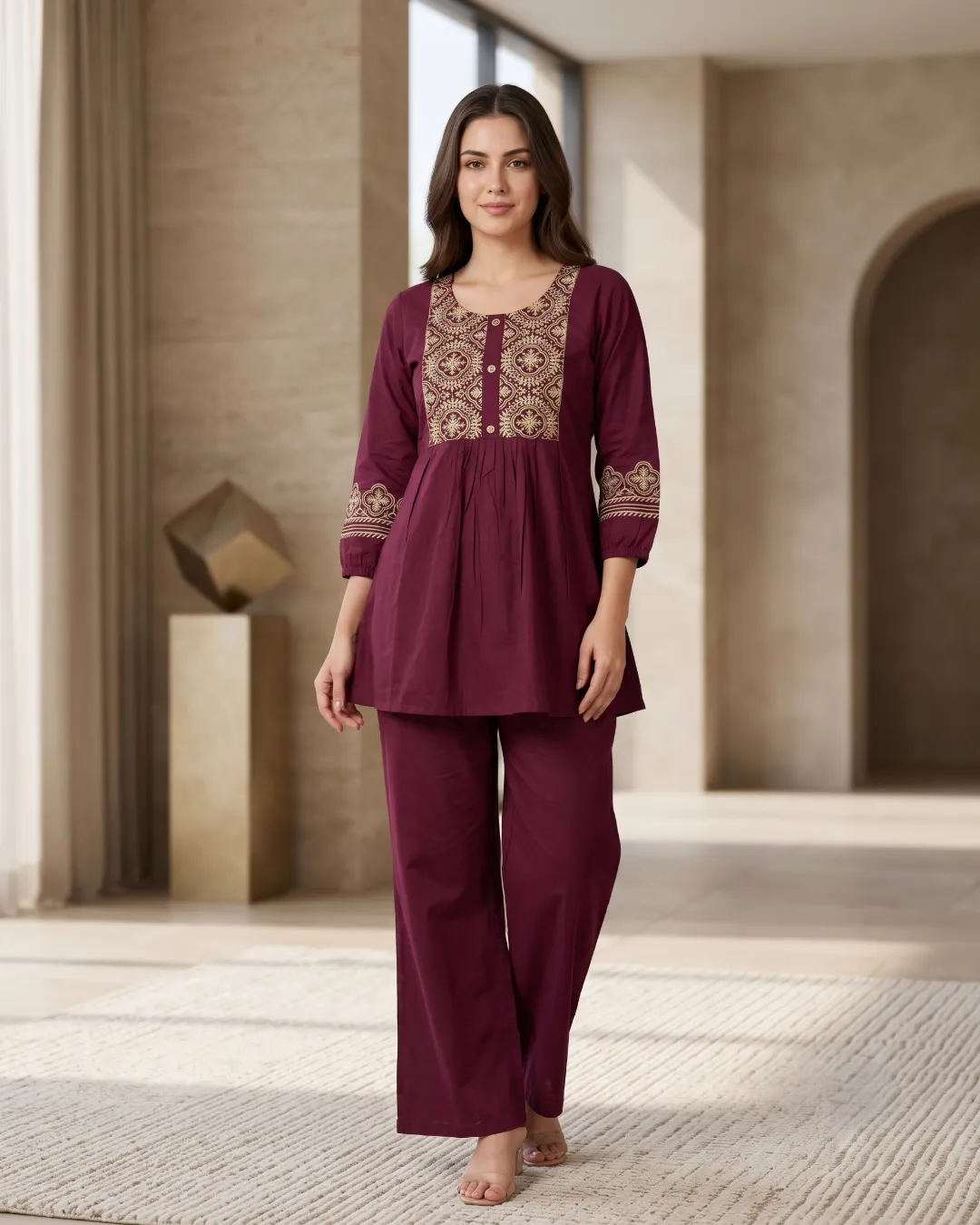 Deep Maroon Elegant Embroidered Co-ord Set