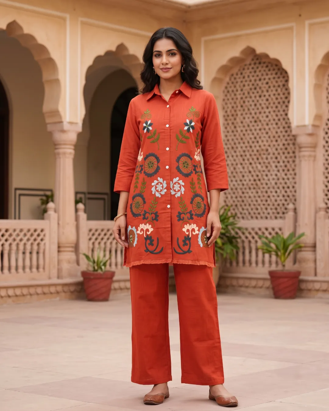 Wine Orange Embroidery Co-ord Set